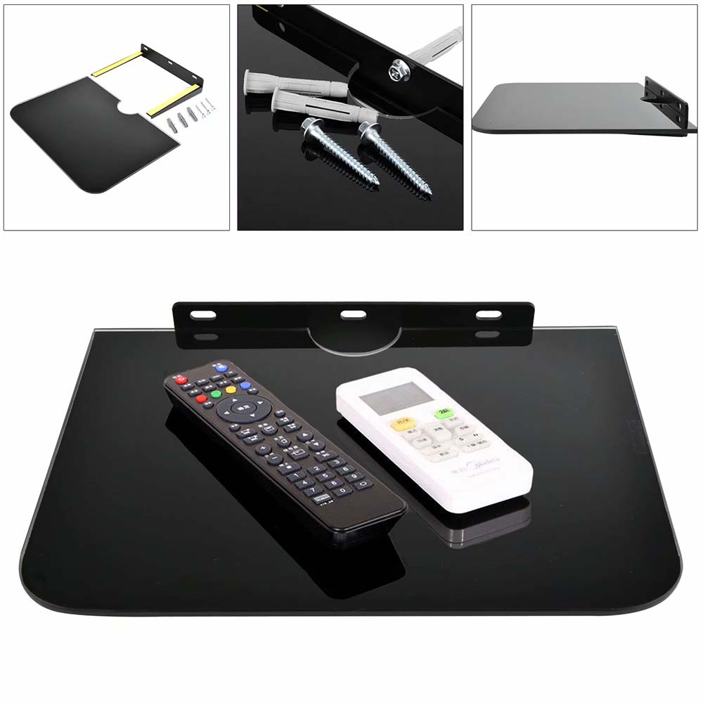 Here is the image of a modern, sleek DVD player stand with a glass shelf, designed for wall mounting under a TV. The design incorporates the features you described, like space aluminum construction, a single-layer shelf, and a cable hole for tidy cable management. The stand is shown mounted under a wall-mounted TV, creating a clean and organized setup.DVD Players Stand Glass