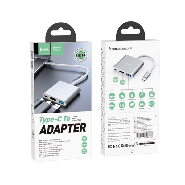 HOCO USB Type-C to USB 3.0 + HDMI + USB Type-C- HB14