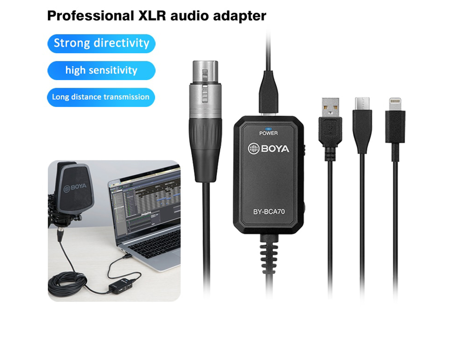 Boya's BY-BCA70 is a professional XLR audio adapter which is specially designed for increasing the convenient flexibility of your XLR microphone to most mobile devices.