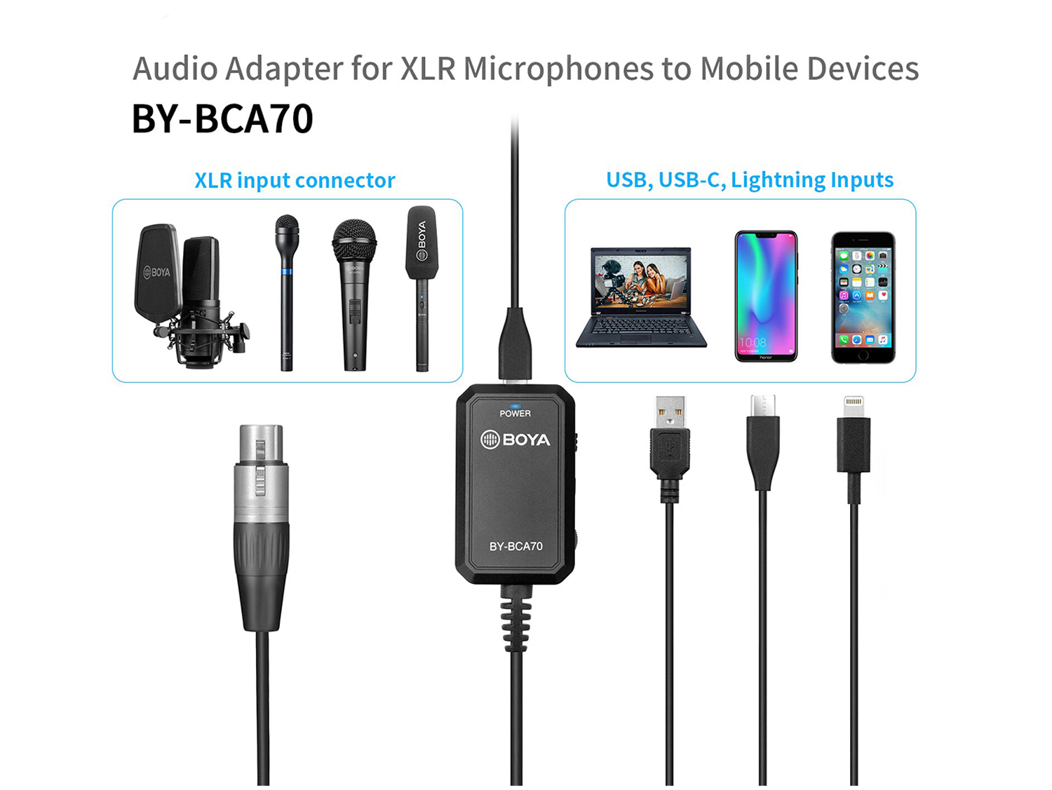 Boya's BY-BCA70 is a professional XLR audio adapter which is specially designed for increasing the convenient flexibility of your XLR microphone to most mobile devices.