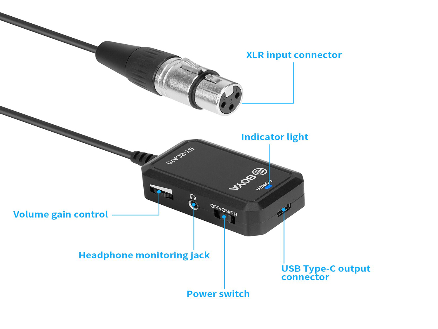 Boya's BY-BCA70 is a professional XLR audio adapter which is specially designed for increasing the convenient flexibility of your XLR microphone to most mobile devices.