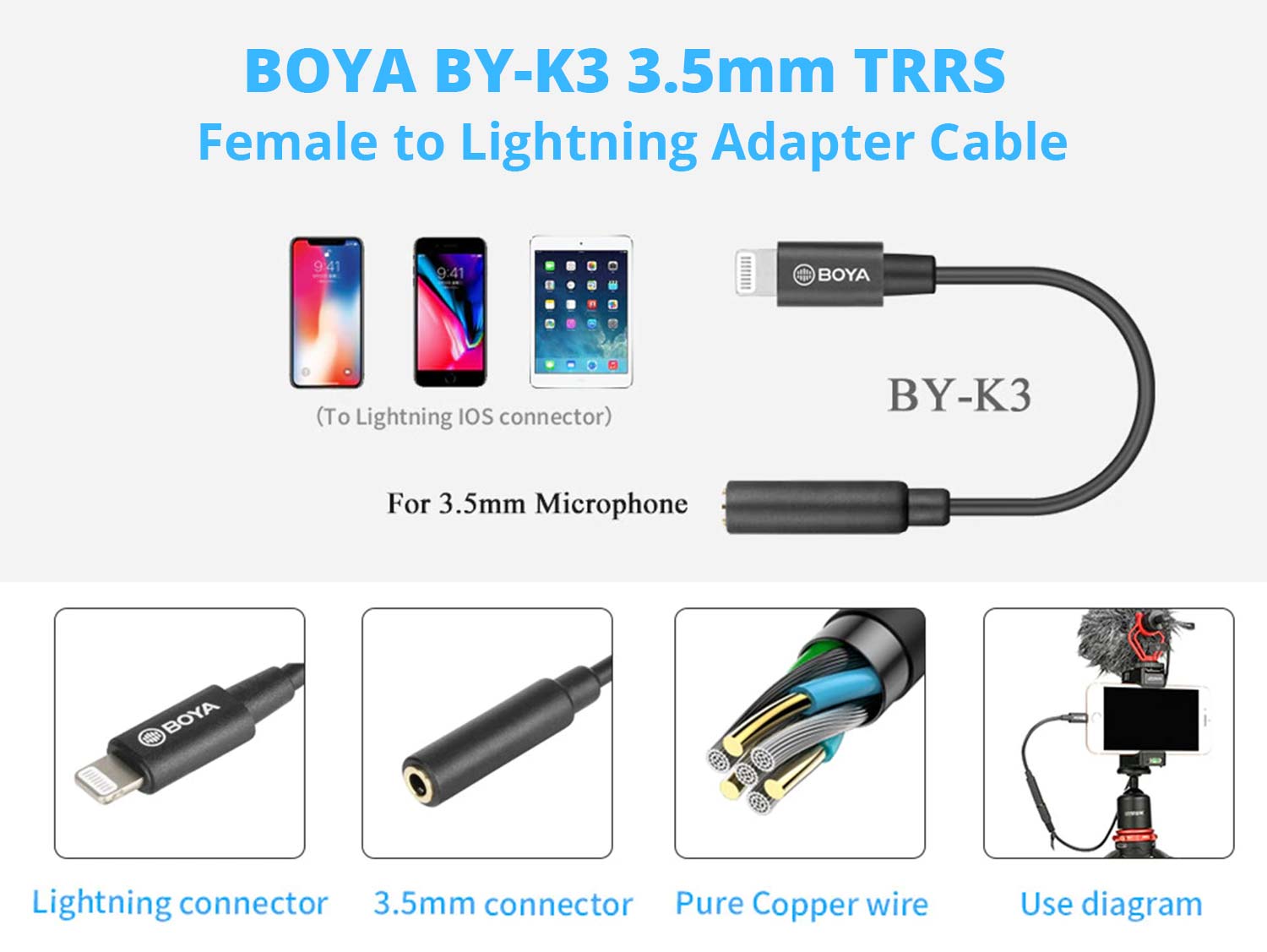 BOYA BY-K3 3.5mm TRRS Female to Lightning Adapter Cable