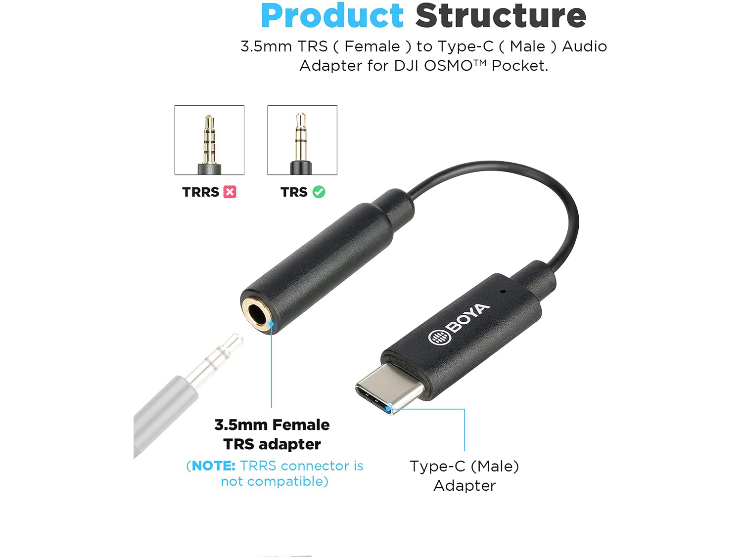 BOYA BY-K6 DJI Osmo Pocket Microphone External Sound Adapter USB C to 3.5mm TRS