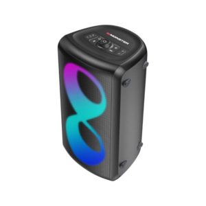 A front view of the Monster Cycle Bluetooth Speaker with colorful lights on