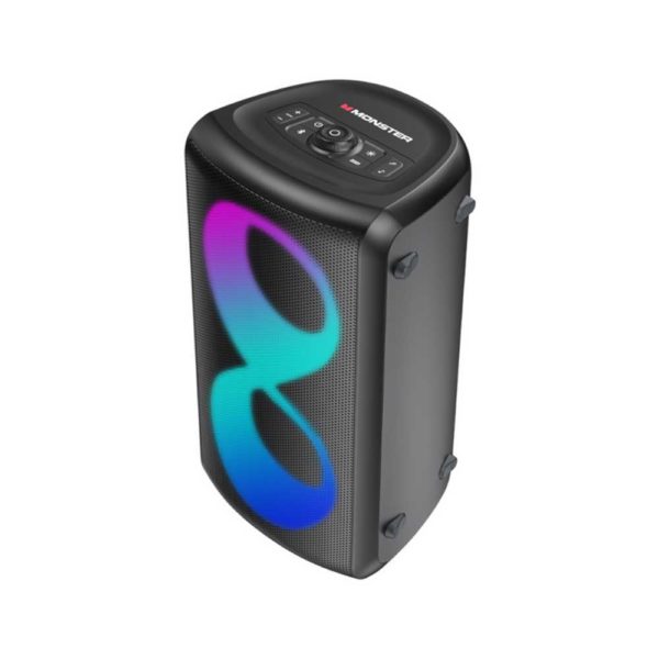 A front view of the Monster Cycle Bluetooth Speaker with colorful lights on