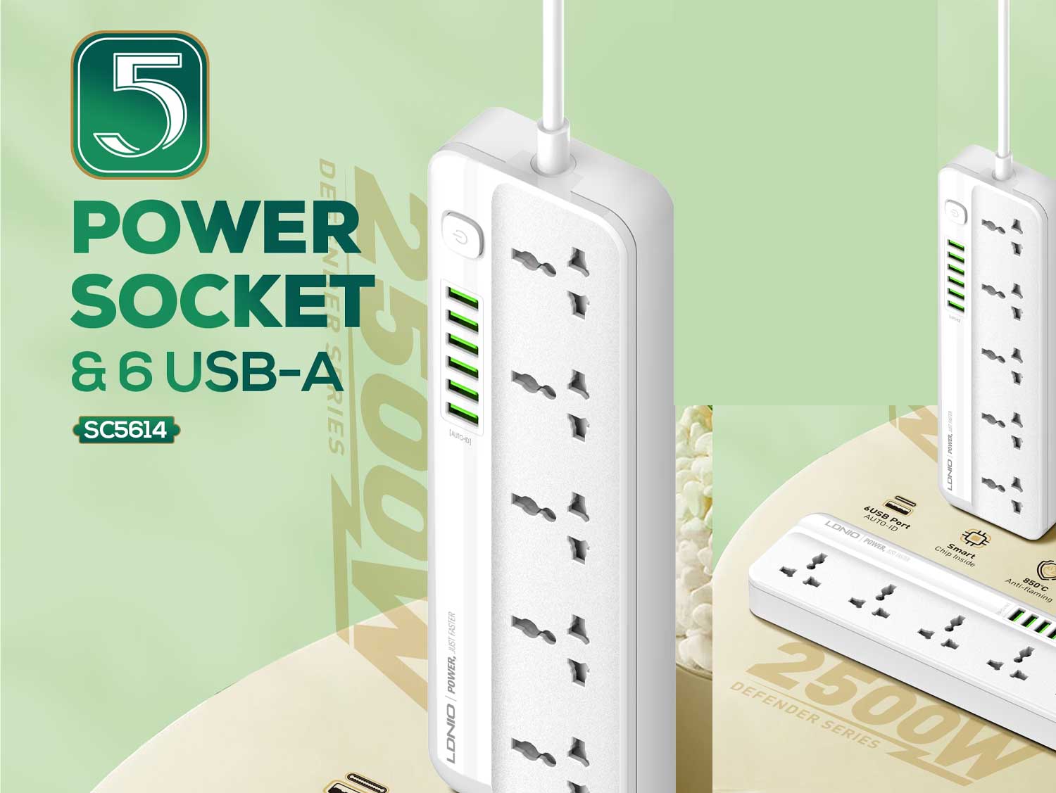 LDNIO SC5614 Power Strip Surge Protector with 5 AC Outlets + 6 USB Extension Power Cord