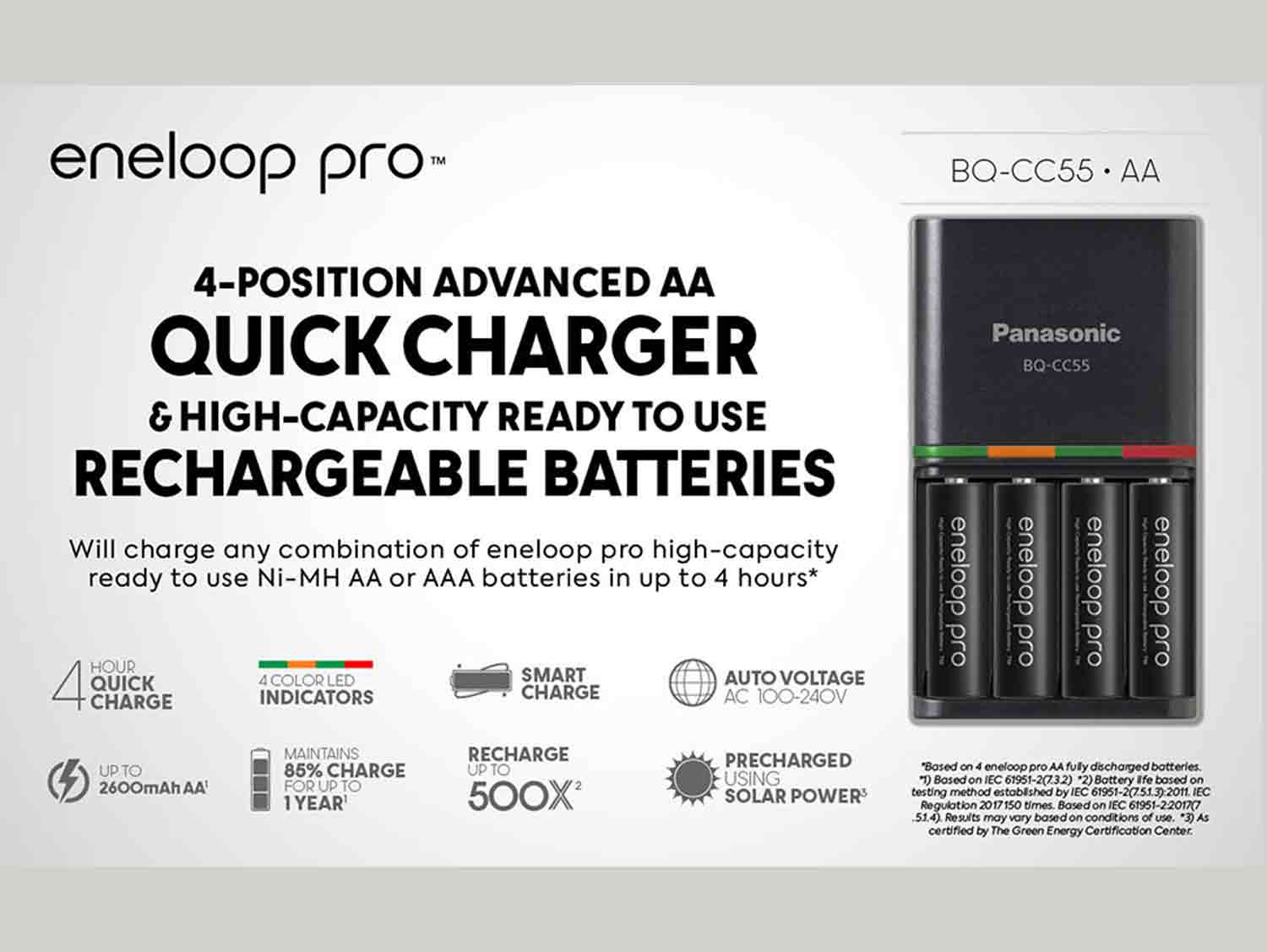 Panasonic Eneloop Pro Charger with 4 Rechargeable Batteries BQ-CC55