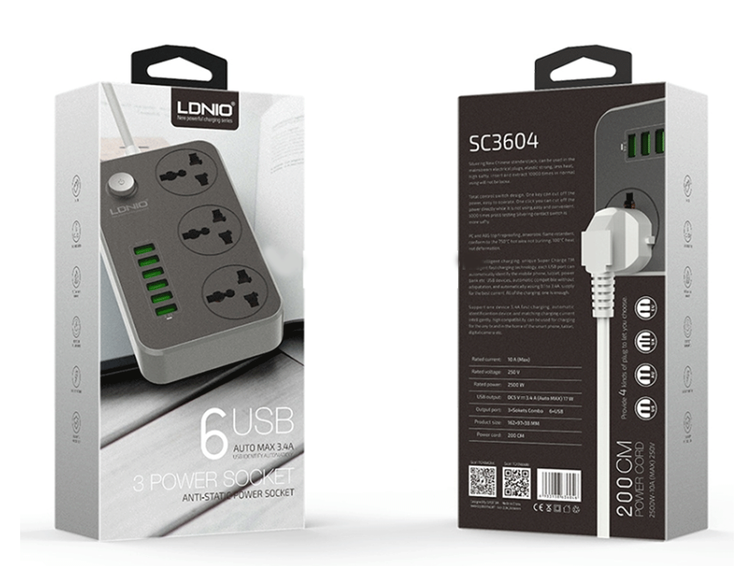 LDNIO SC3604 3 Power Socket + 6 USB Extension Power Cord